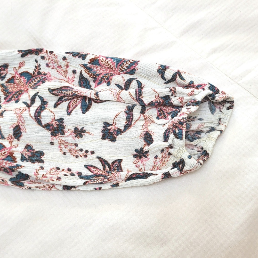 One World White Floral Boho Button 3/4 Balloon Sleeve Peasant Festival Blouse L - Picture 5 of 11